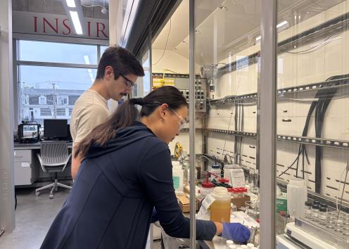 Two people taking notes on the chemicals in a display case