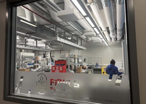 A person working in a lab on the other side of a window